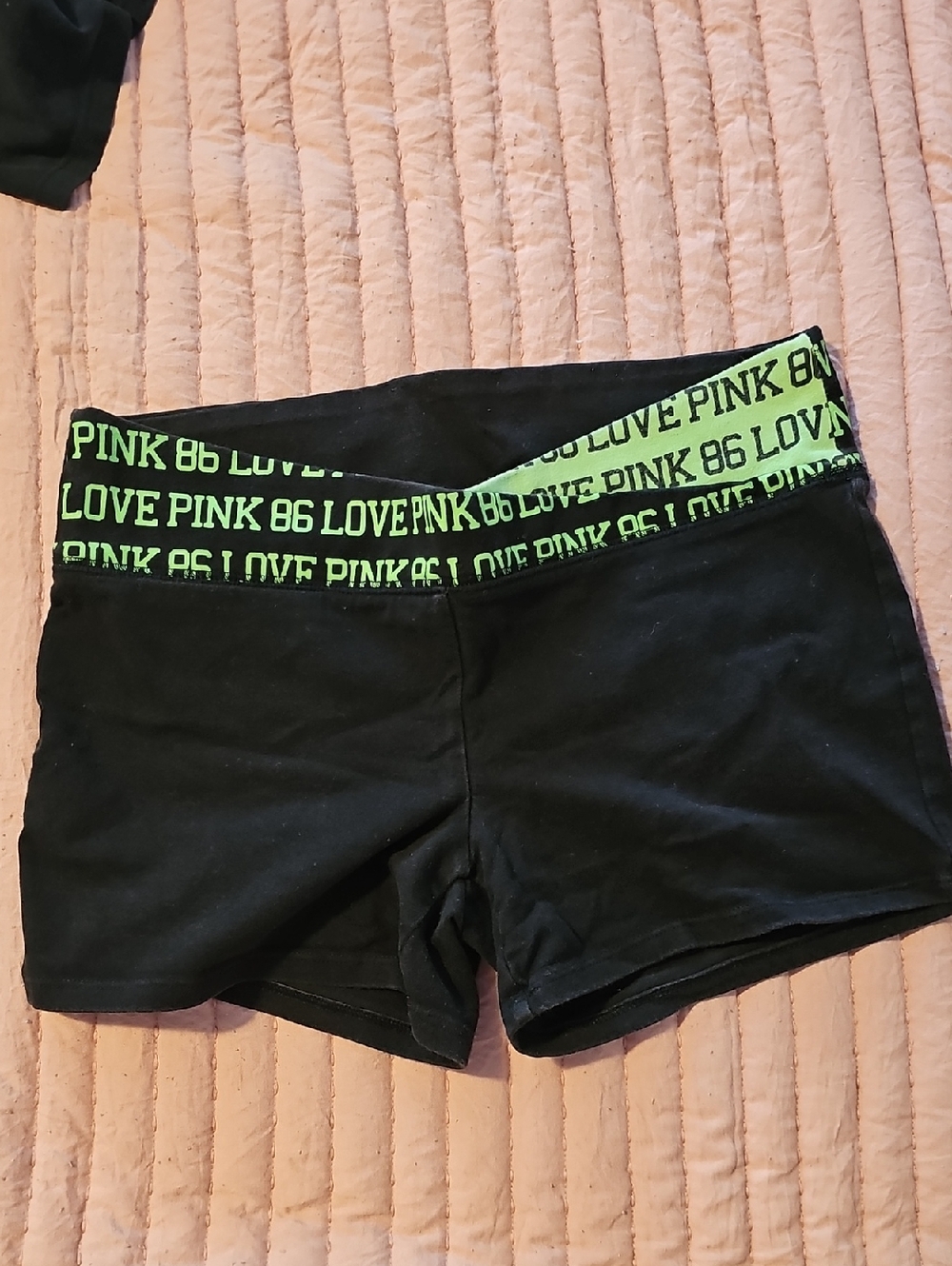 PINK Victoria's Secret Black Yoga Shorts with Neon Green Logo Waistband Sz Small